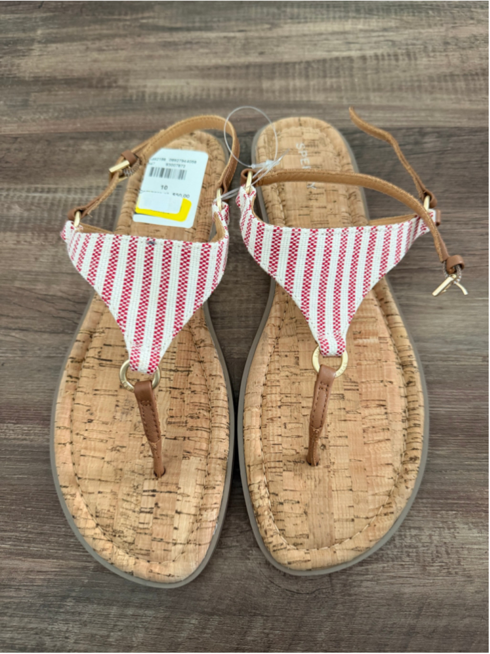 Sperry Sandals Size 10 Beige and Red Striped T-Strap New With Tags